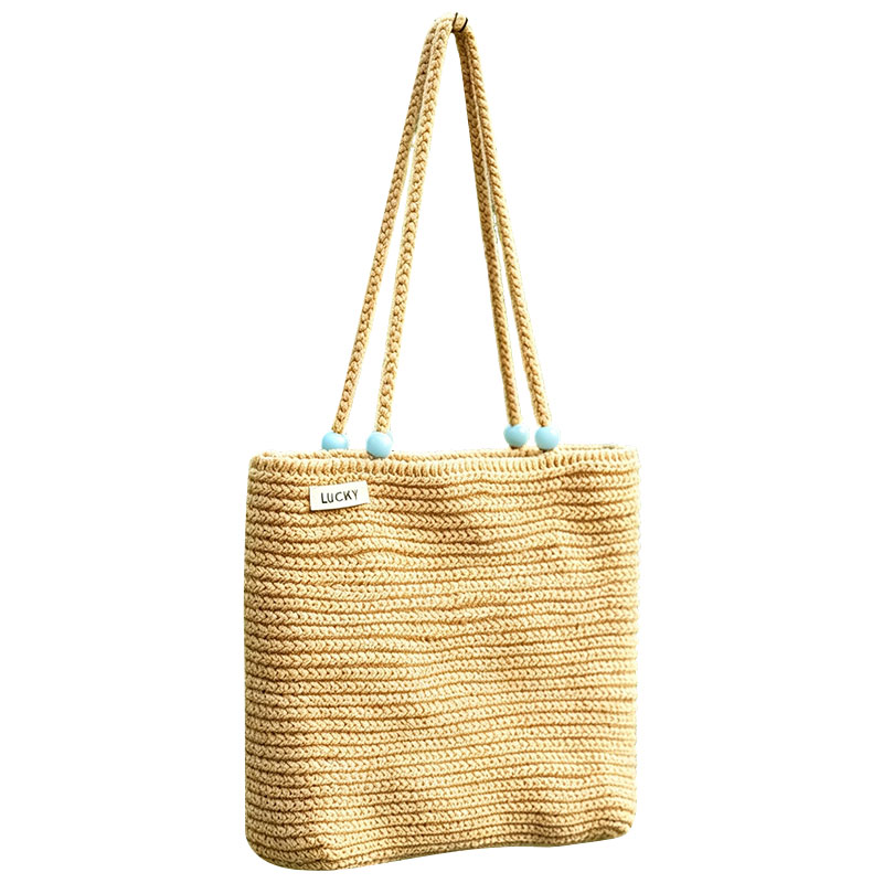 Tote de hombro tejido a mano de gran tamaño color caqui